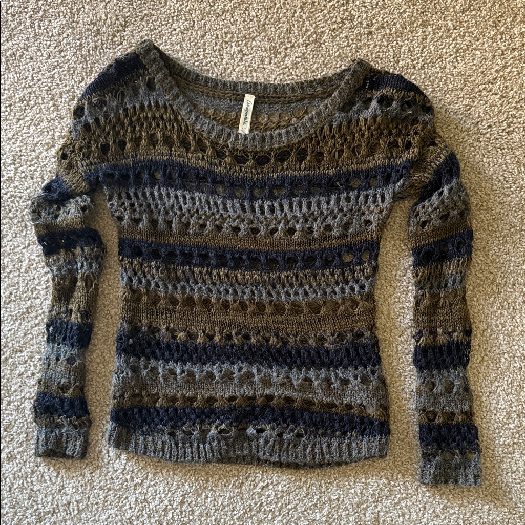Aeropostale Brown Green Blue And Gray Striped Holy Knit Sweater Size Xs